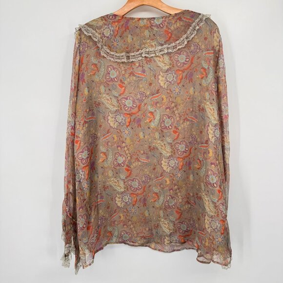 Alain Weiz Womens Floral Silk Blouse lined Lace Trim Ruffle size 20w beige - Picture 10 of 14